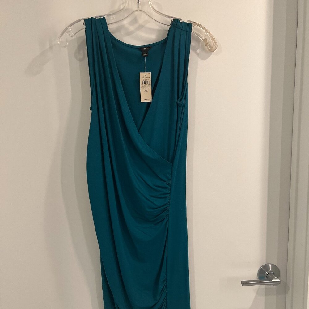 NWT Ann Taylor Teal V-Neck Mock Wrap Ruched Sheath Dress XS